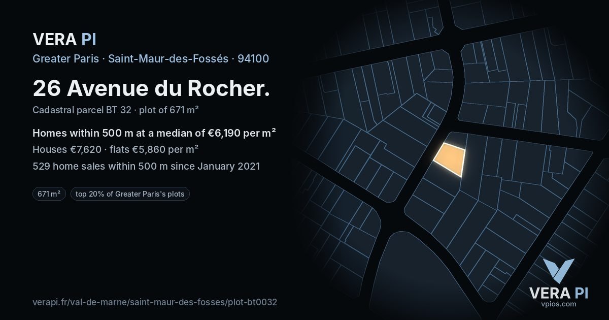 26 Avenue du Rocher, Saint-Maur-des-Fossés at night – the plot lit, the parcels around coloured by the prices near them