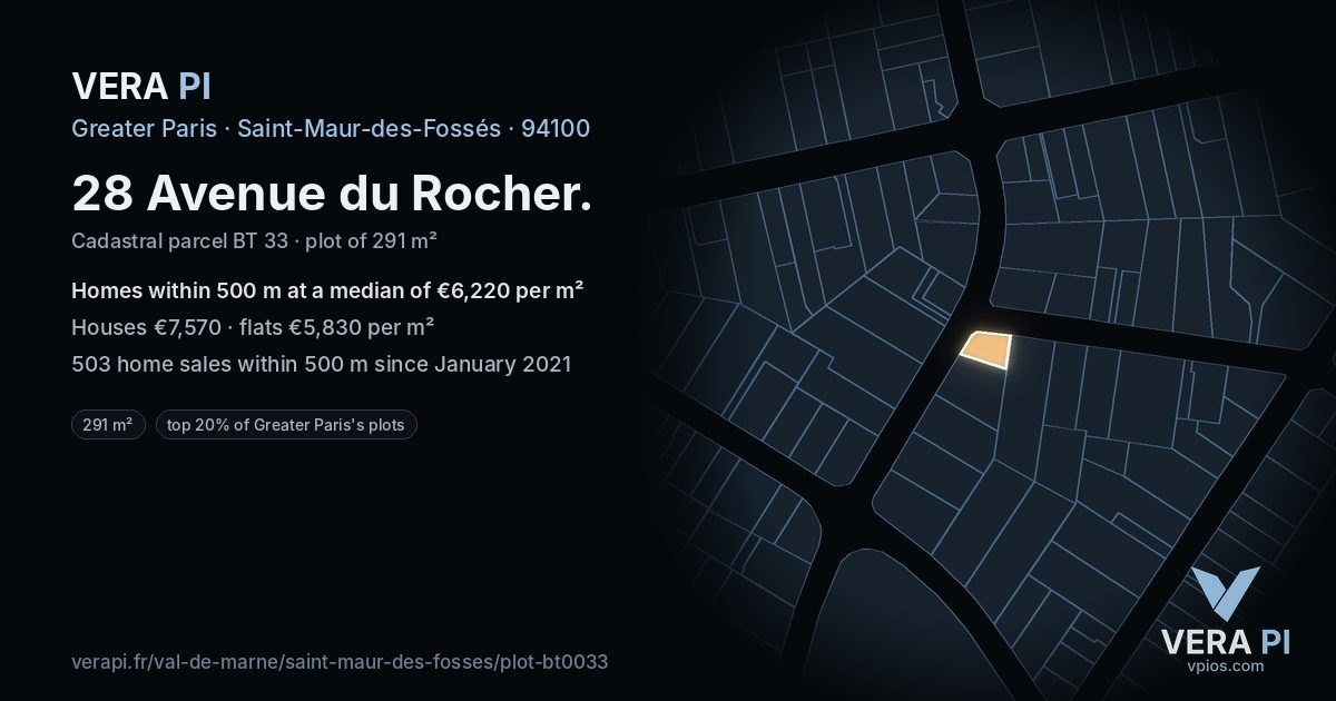 28 Avenue du Rocher, Saint-Maur-des-Fossés at night – the plot lit, the parcels around coloured by the prices near them