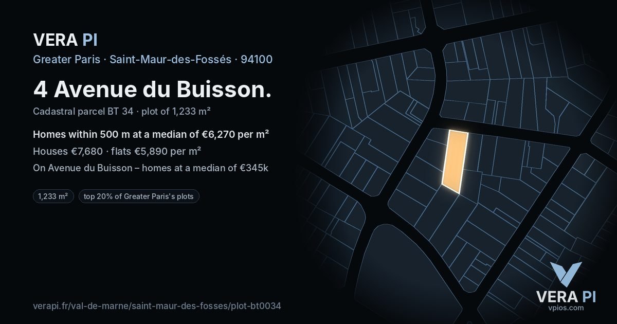 4 Avenue du Buisson, Saint-Maur-des-Fossés at night – the plot lit, the parcels around coloured by the prices near them