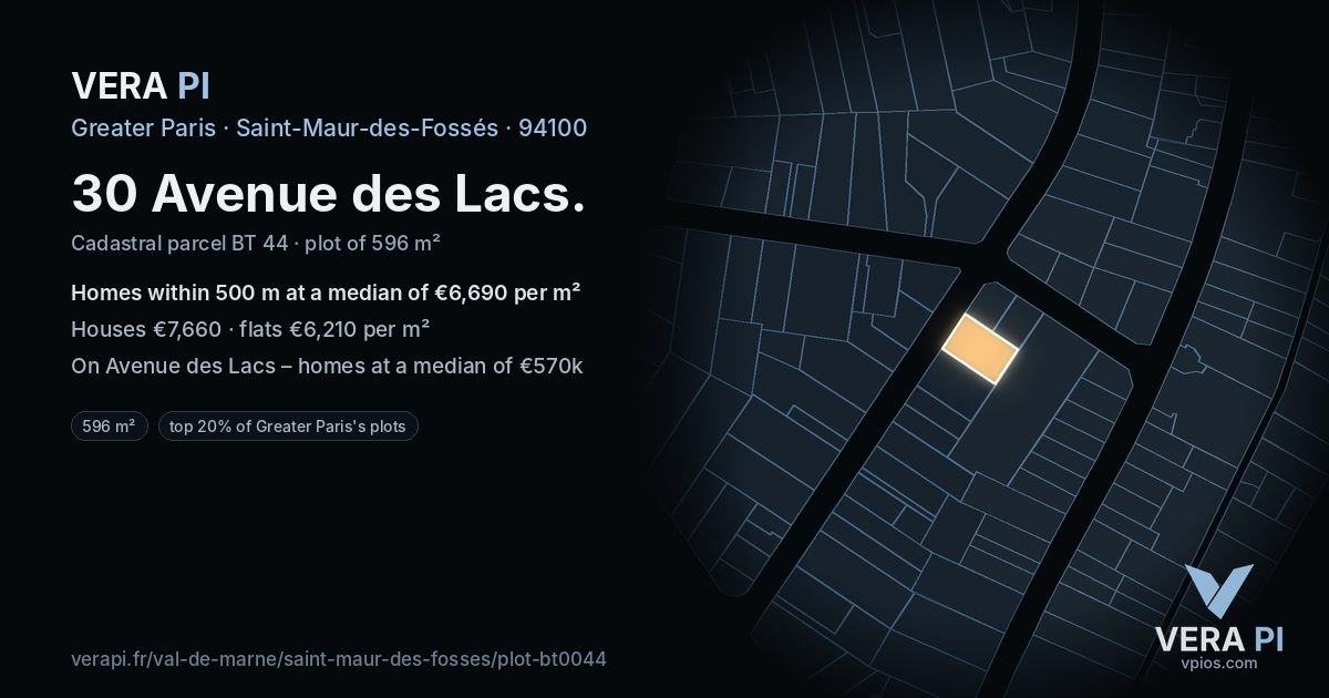 30 Avenue des Lacs, Saint-Maur-des-Fossés at night – the plot lit, the parcels around coloured by the prices near them