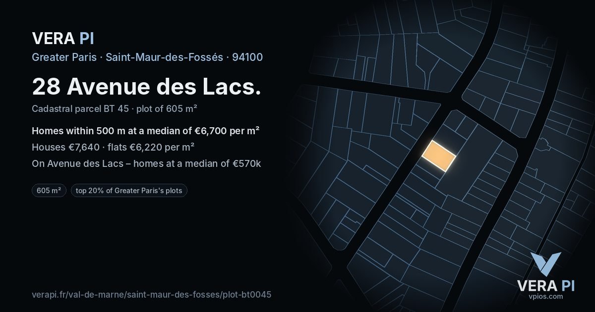 28 Avenue des Lacs, Saint-Maur-des-Fossés at night – the plot lit, the parcels around coloured by the prices near them