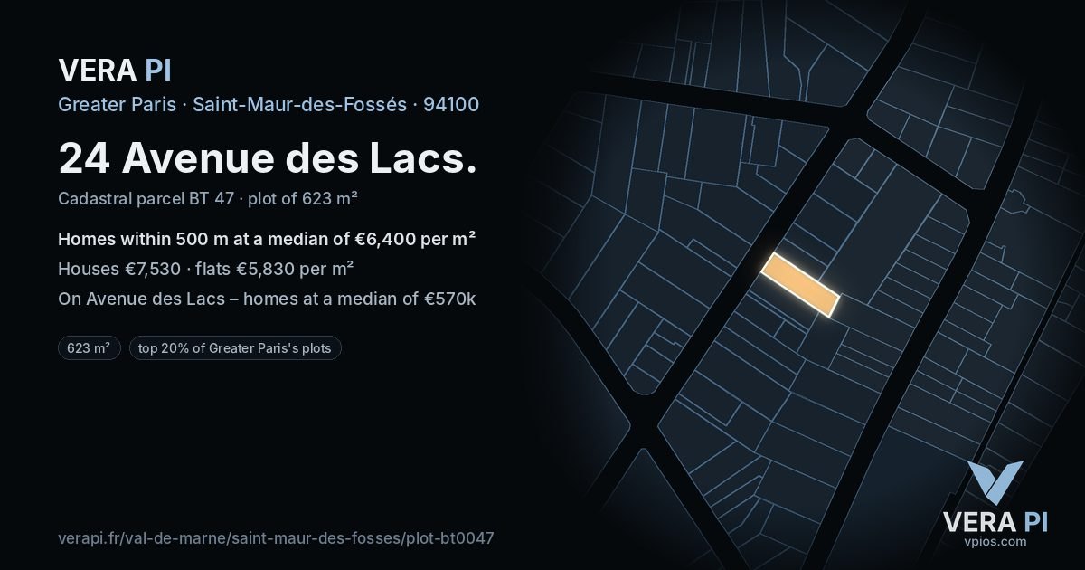 24 Avenue des Lacs, Saint-Maur-des-Fossés at night – the plot lit, the parcels around coloured by the prices near them
