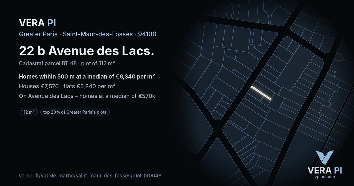 22 b Avenue des Lacs, Saint-Maur-des-Fossés at night – the plot lit, the parcels around coloured by the prices near them