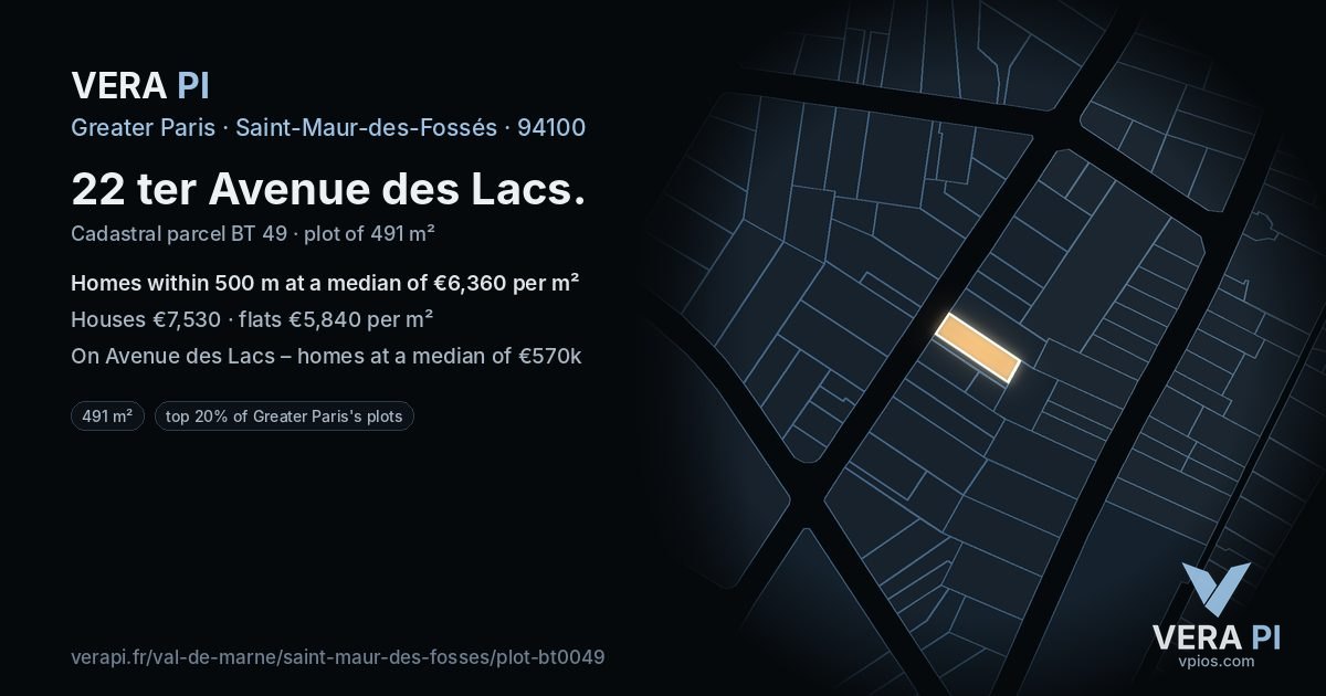 22 ter Avenue des Lacs, Saint-Maur-des-Fossés at night – the plot lit, the parcels around coloured by the prices near them