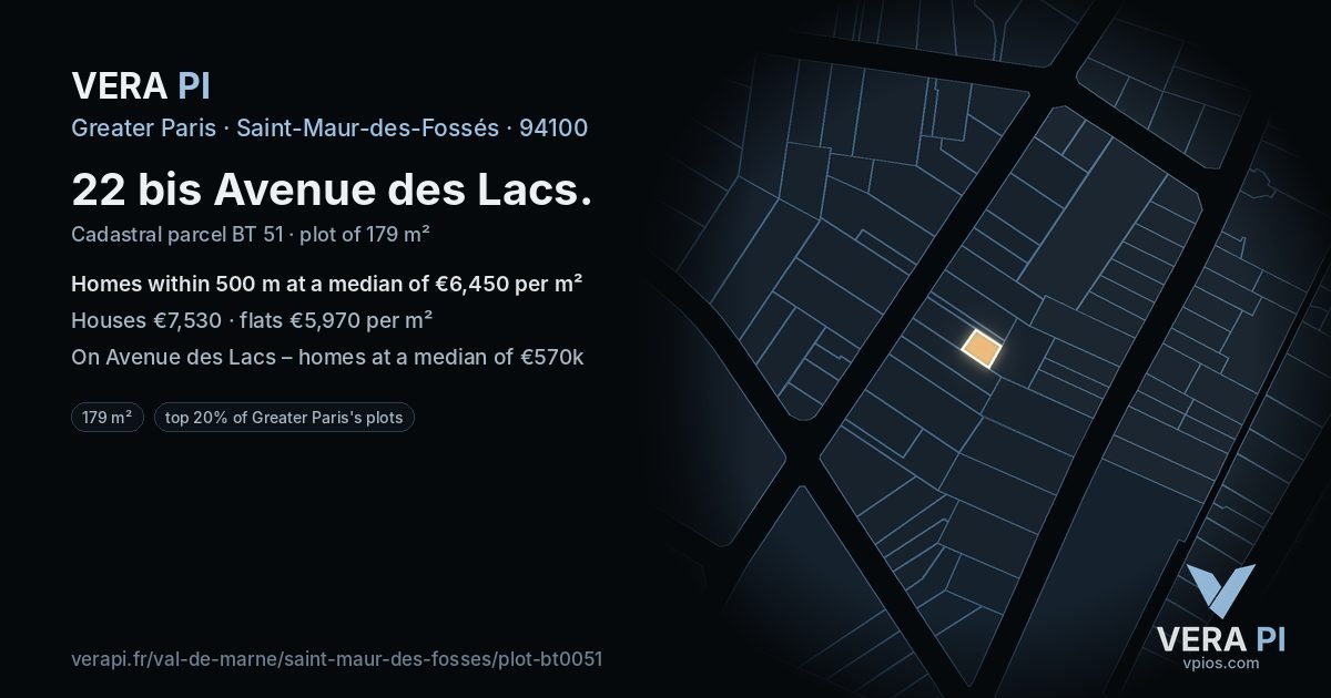 22 bis Avenue des Lacs, Saint-Maur-des-Fossés at night – the plot lit, the parcels around coloured by the prices near them