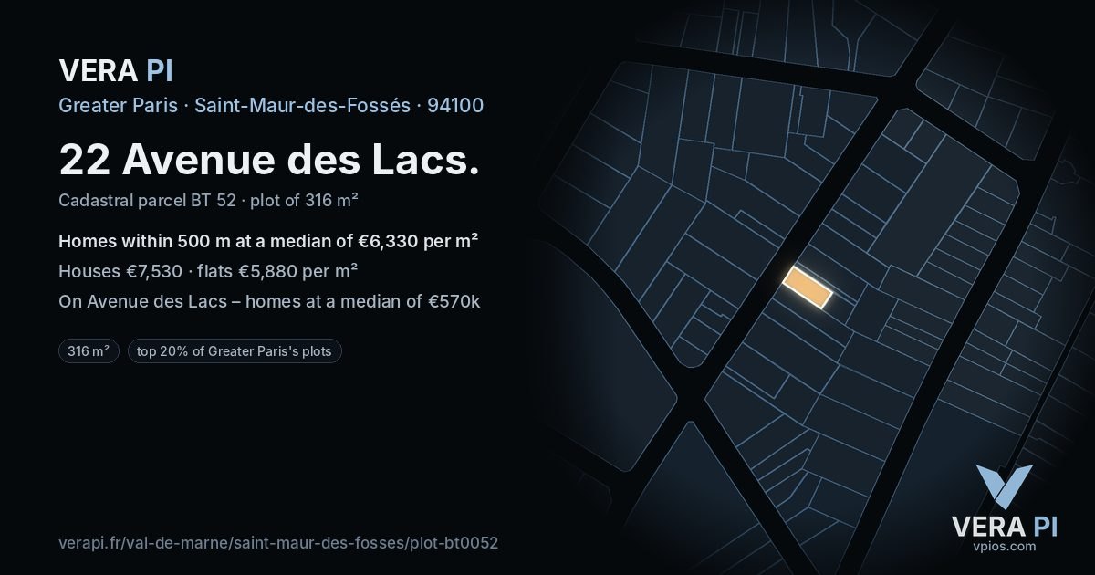 22 Avenue des Lacs, Saint-Maur-des-Fossés at night – the plot lit, the parcels around coloured by the prices near them