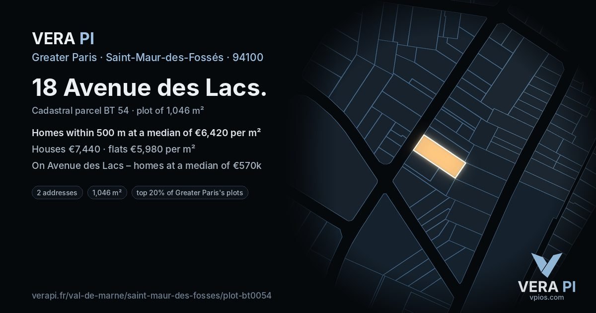 18 Avenue des Lacs, Saint-Maur-des-Fossés at night – the plot lit, the parcels around coloured by the prices near them