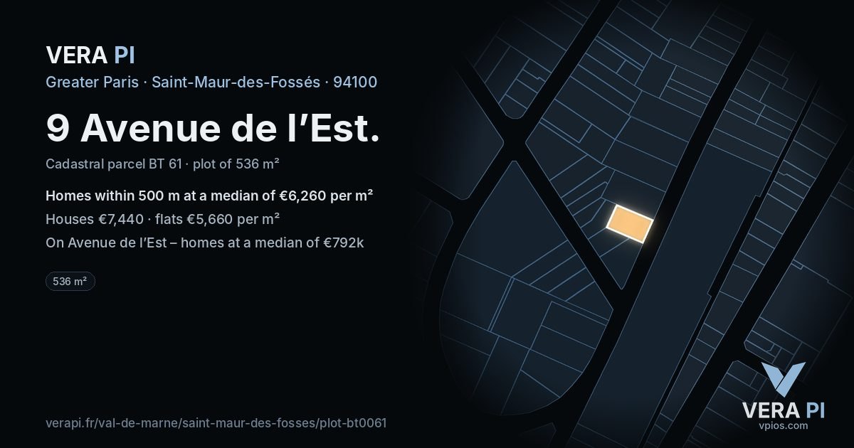 9 Avenue de l’Est, Saint-Maur-des-Fossés at night – the plot lit, the parcels around coloured by the prices near them