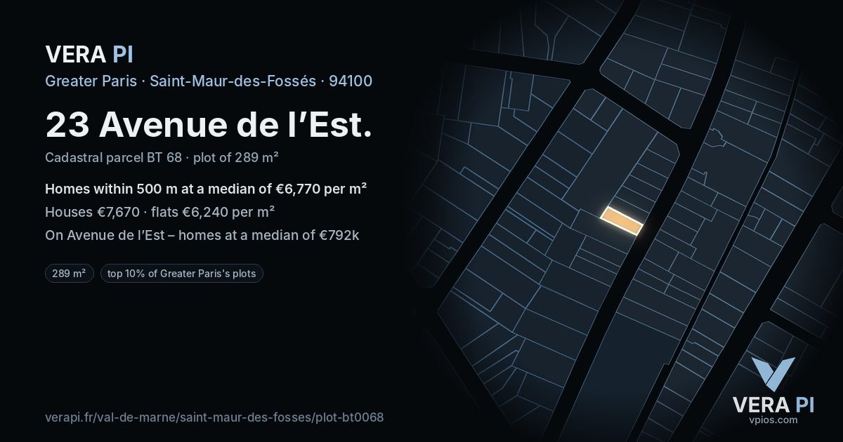 23 Avenue de l’Est, Saint-Maur-des-Fossés at night – the plot lit, the parcels around coloured by the prices near them