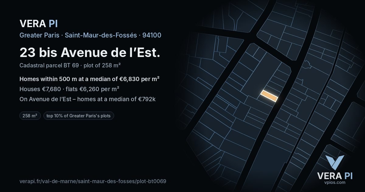 23 bis Avenue de l’Est, Saint-Maur-des-Fossés at night – the plot lit, the parcels around coloured by the prices near them