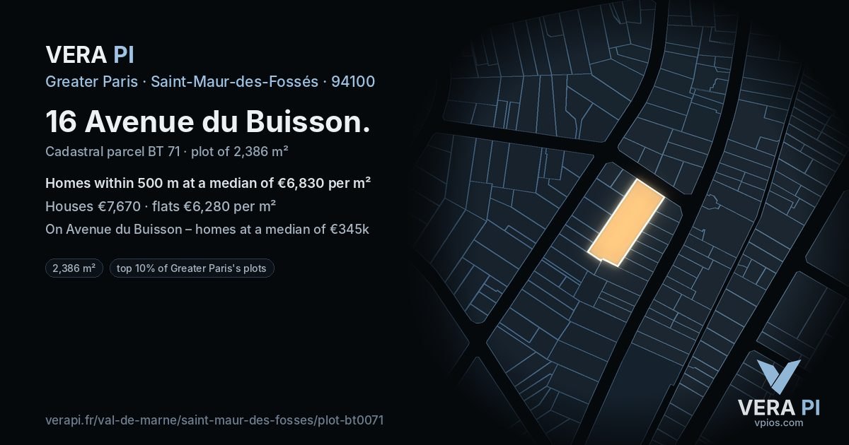 16 Avenue du Buisson, Saint-Maur-des-Fossés at night – the plot lit, the parcels around coloured by the prices near them