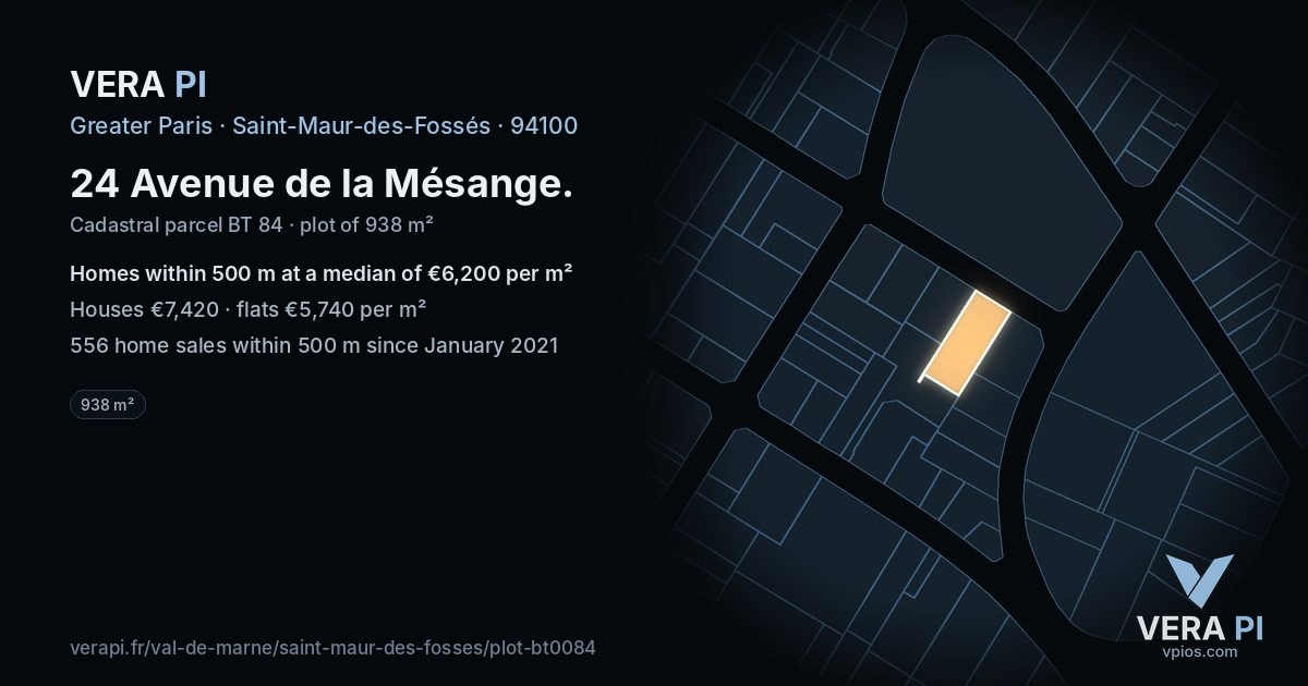 24 Avenue de la Mésange, Saint-Maur-des-Fossés at night – the plot lit, the parcels around coloured by the prices near them