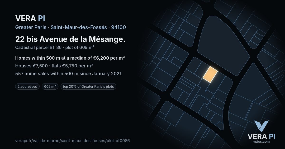 22 bis Avenue de la Mésange, Saint-Maur-des-Fossés at night – the plot lit, the parcels around coloured by the prices near them