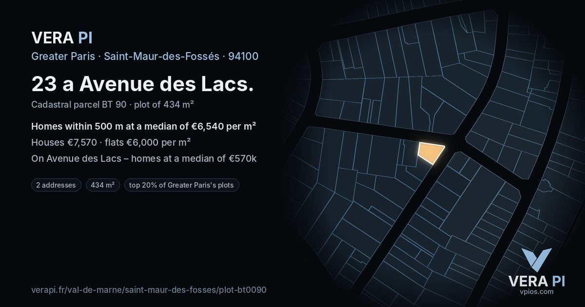 23 a Avenue des Lacs, Saint-Maur-des-Fossés at night – the plot lit, the parcels around coloured by the prices near them
