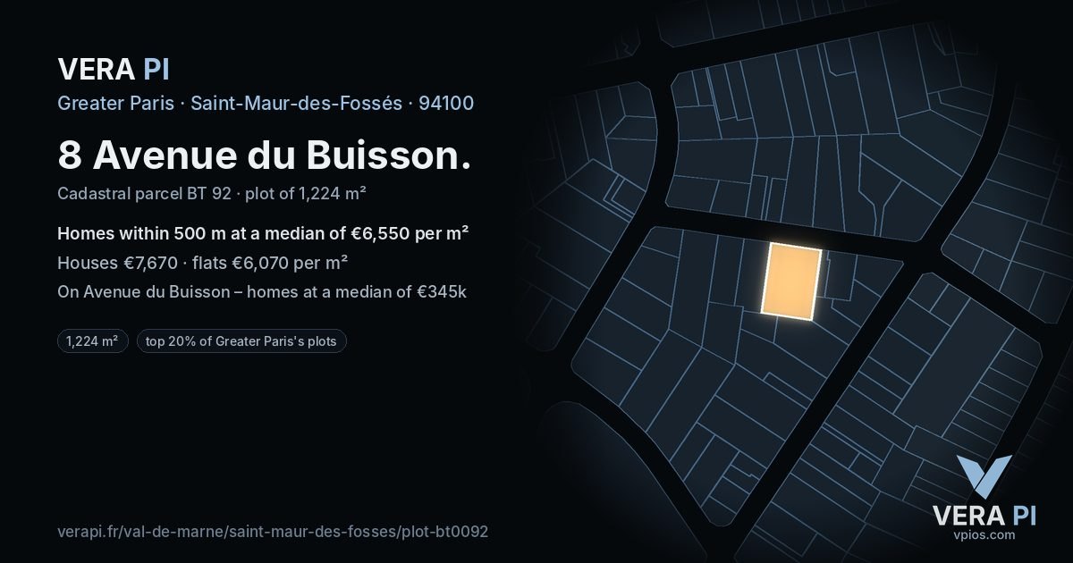 8 Avenue du Buisson, Saint-Maur-des-Fossés at night – the plot lit, the parcels around coloured by the prices near them