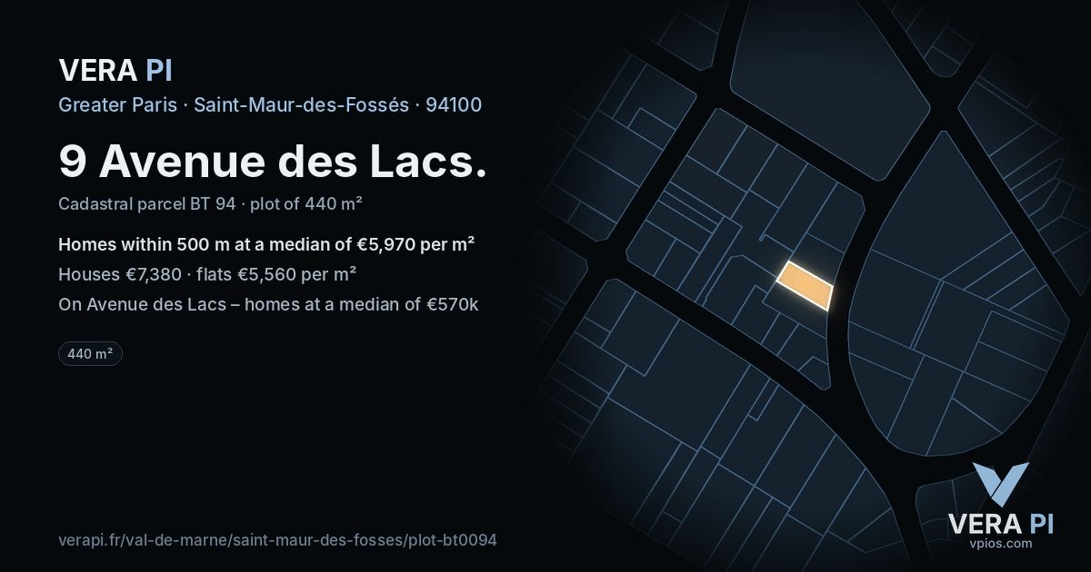 9 Avenue des Lacs, Saint-Maur-des-Fossés at night – the plot lit, the parcels around coloured by the prices near them