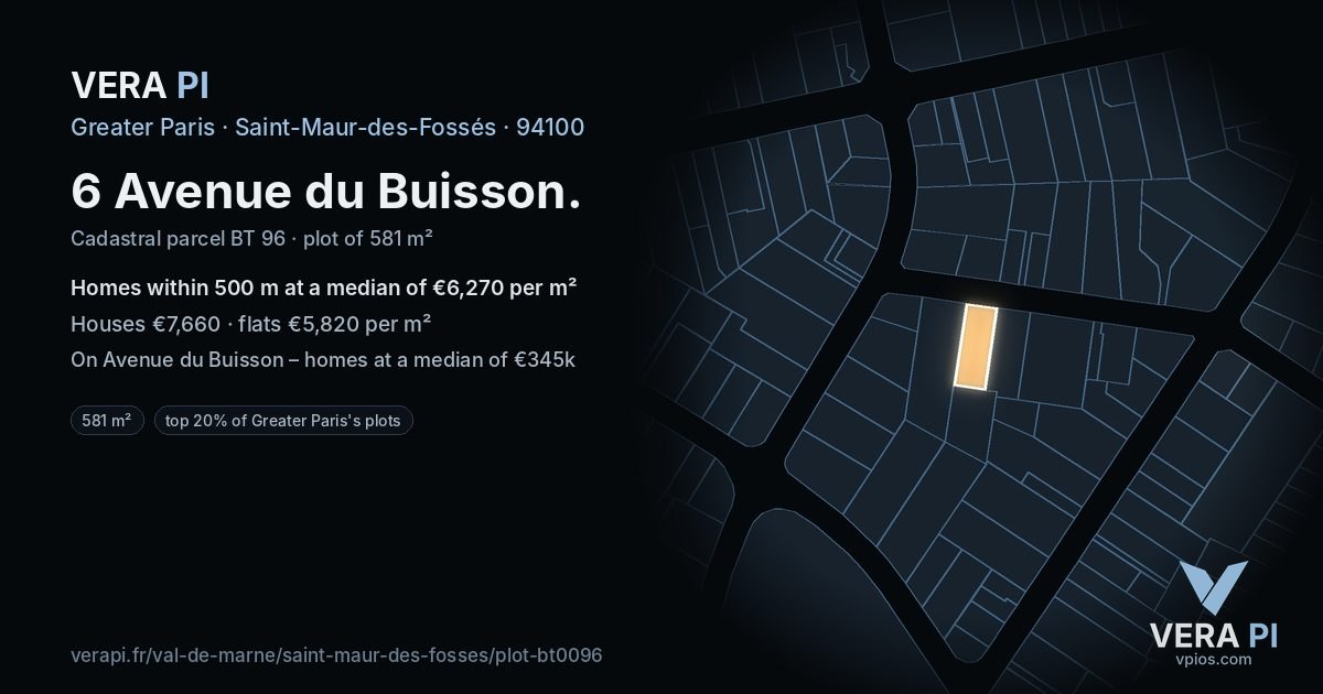 6 Avenue du Buisson, Saint-Maur-des-Fossés at night – the plot lit, the parcels around coloured by the prices near them