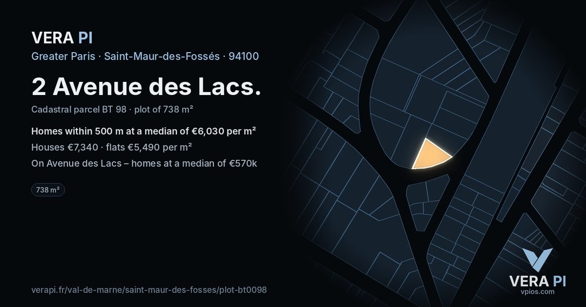 2 Avenue des Lacs, Saint-Maur-des-Fossés at night – the plot lit, the parcels around coloured by the prices near them