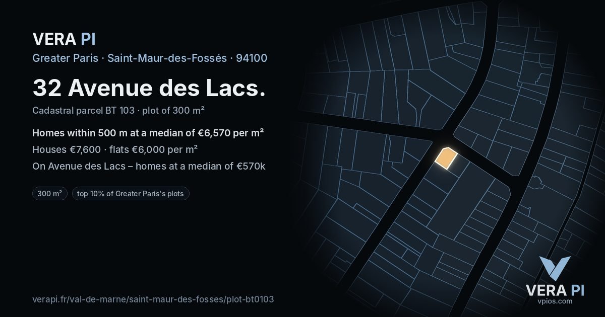 32 Avenue des Lacs, Saint-Maur-des-Fossés at night – the plot lit, the parcels around coloured by the prices near them