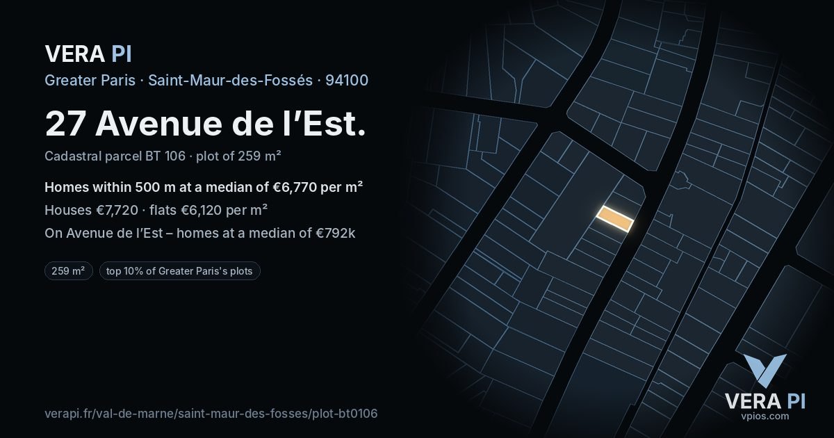 27 Avenue de l’Est, Saint-Maur-des-Fossés at night – the plot lit, the parcels around coloured by the prices near them