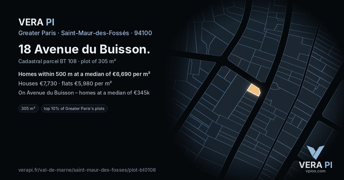 18 Avenue du Buisson, Saint-Maur-des-Fossés at night – the plot lit, the parcels around coloured by the prices near them