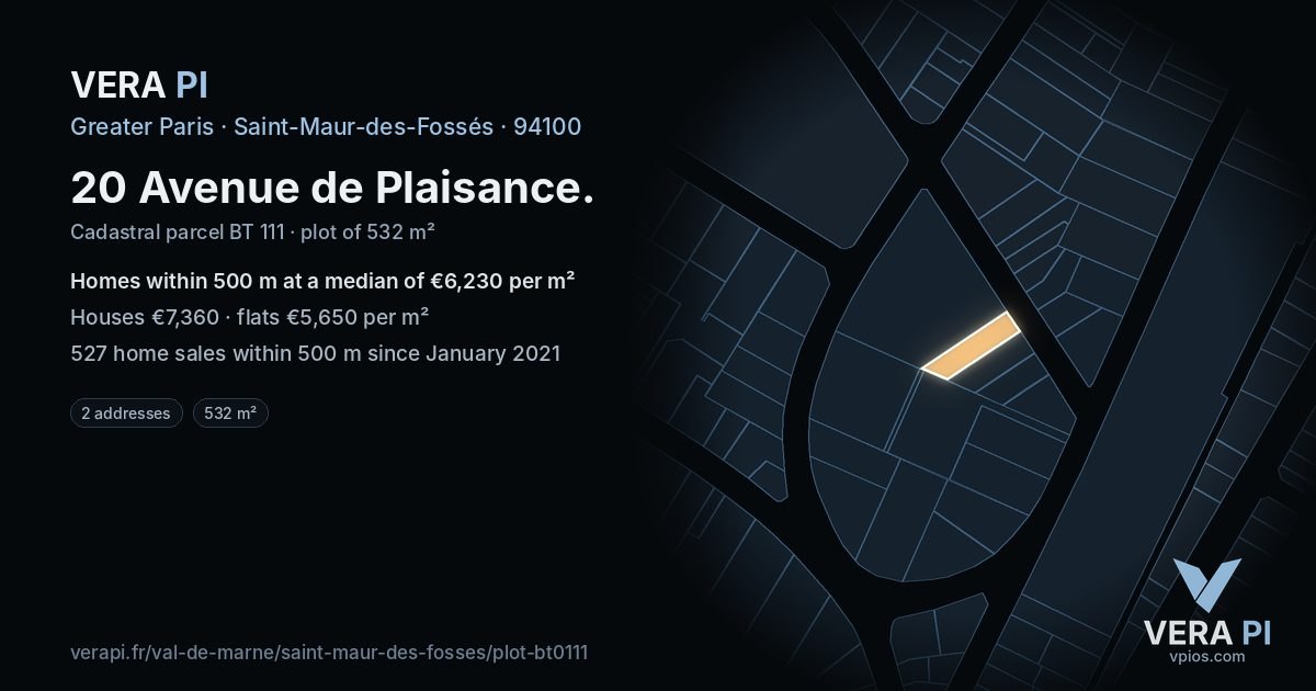 20 Avenue de Plaisance, Saint-Maur-des-Fossés at night – the plot lit, the parcels around coloured by the prices near them