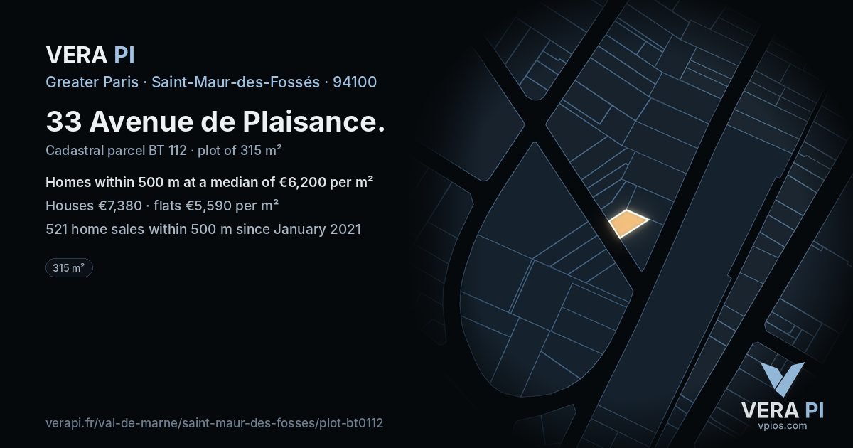 33 Avenue de Plaisance, Saint-Maur-des-Fossés at night – the plot lit, the parcels around coloured by the prices near them