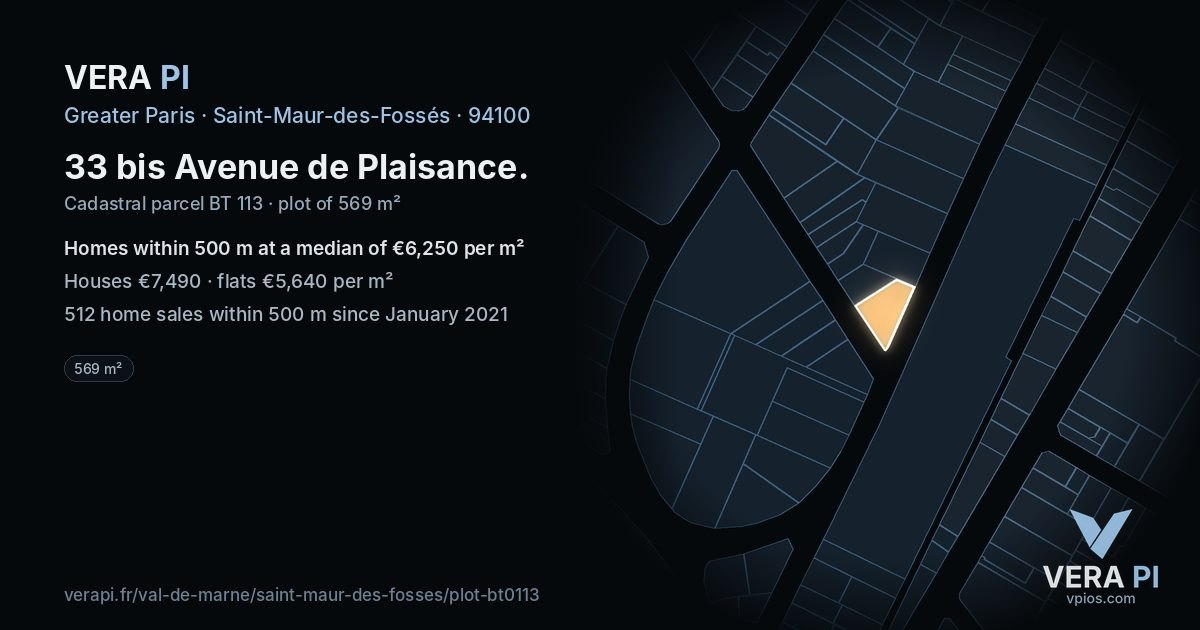 33 bis Avenue de Plaisance, Saint-Maur-des-Fossés at night – the plot lit, the parcels around coloured by the prices near them