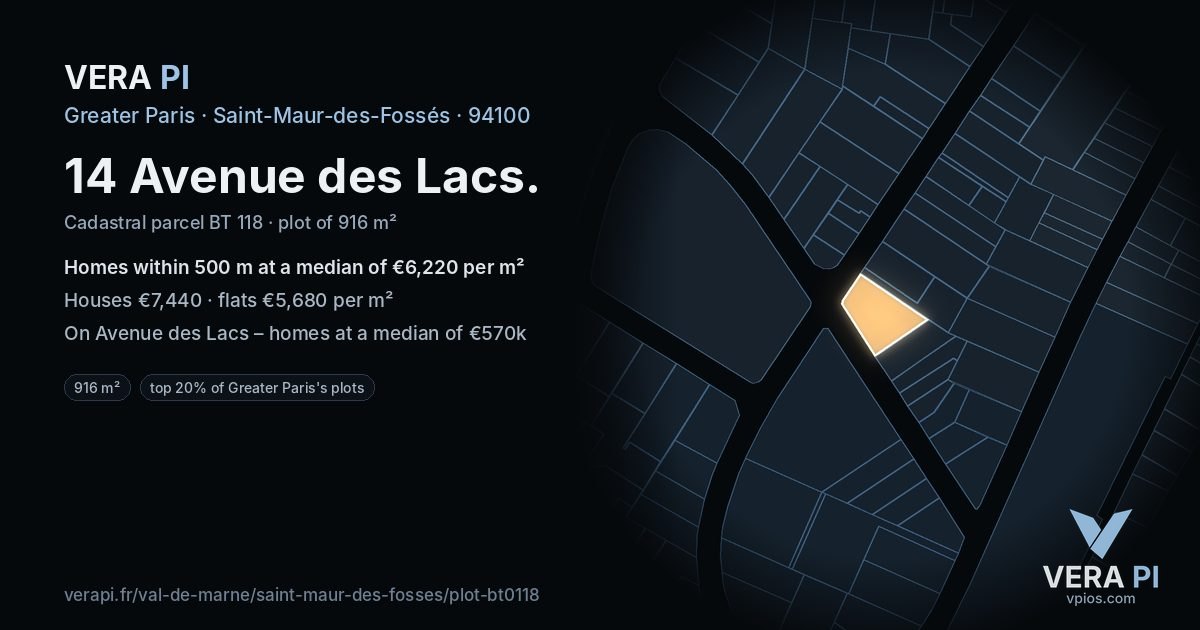 14 Avenue des Lacs, Saint-Maur-des-Fossés at night – the plot lit, the parcels around coloured by the prices near them