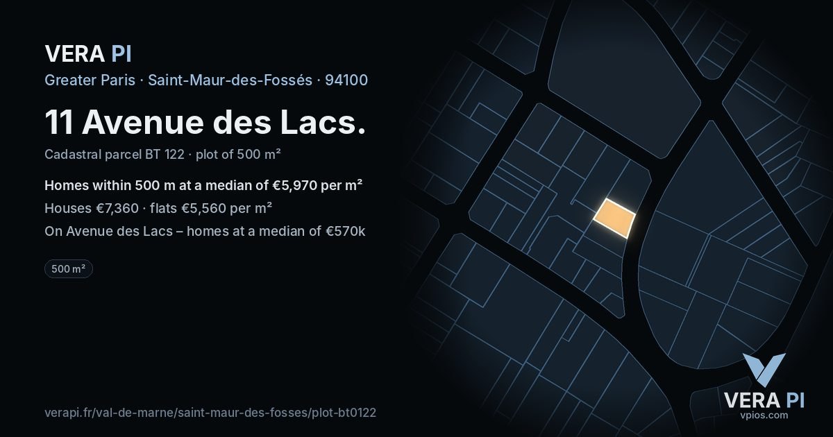 11 Avenue des Lacs, Saint-Maur-des-Fossés at night – the plot lit, the parcels around coloured by the prices near them