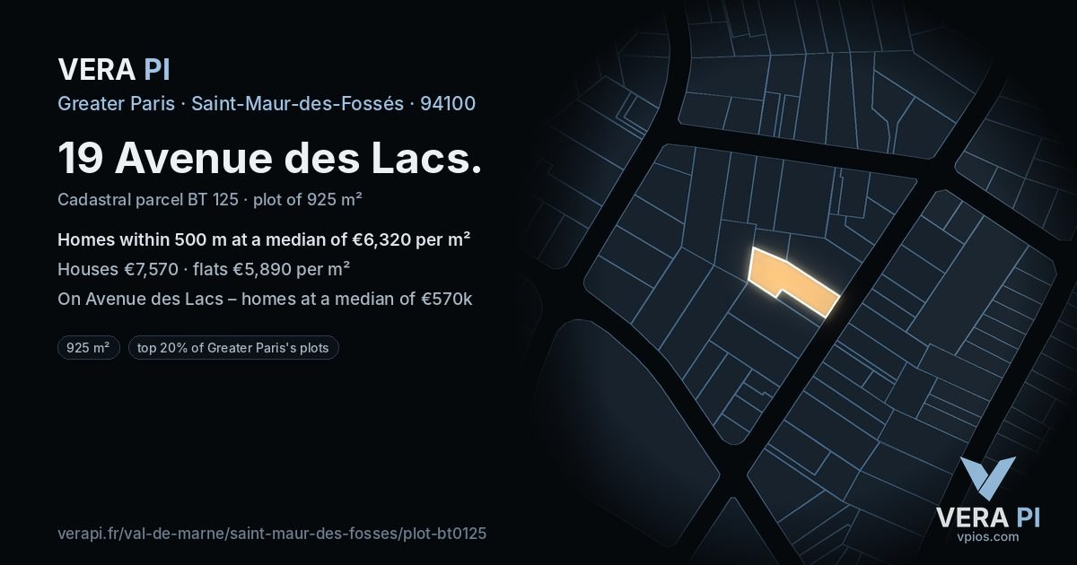 19 Avenue des Lacs, Saint-Maur-des-Fossés at night – the plot lit, the parcels around coloured by the prices near them