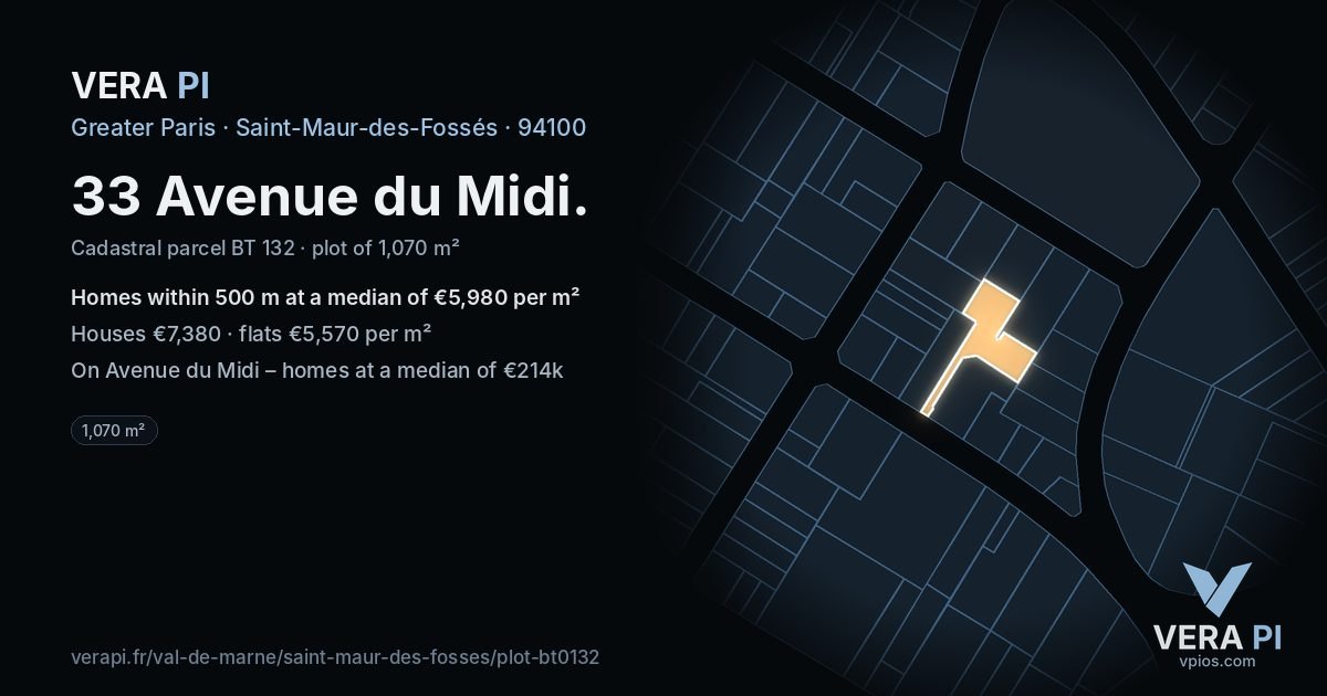 33 Avenue du Midi, Saint-Maur-des-Fossés at night – the plot lit, the parcels around coloured by the prices near them