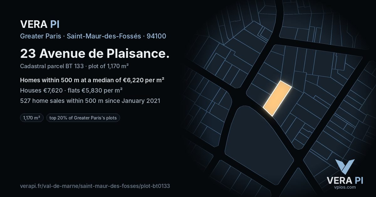 23 Avenue de Plaisance, Saint-Maur-des-Fossés at night – the plot lit, the parcels around coloured by the prices near them