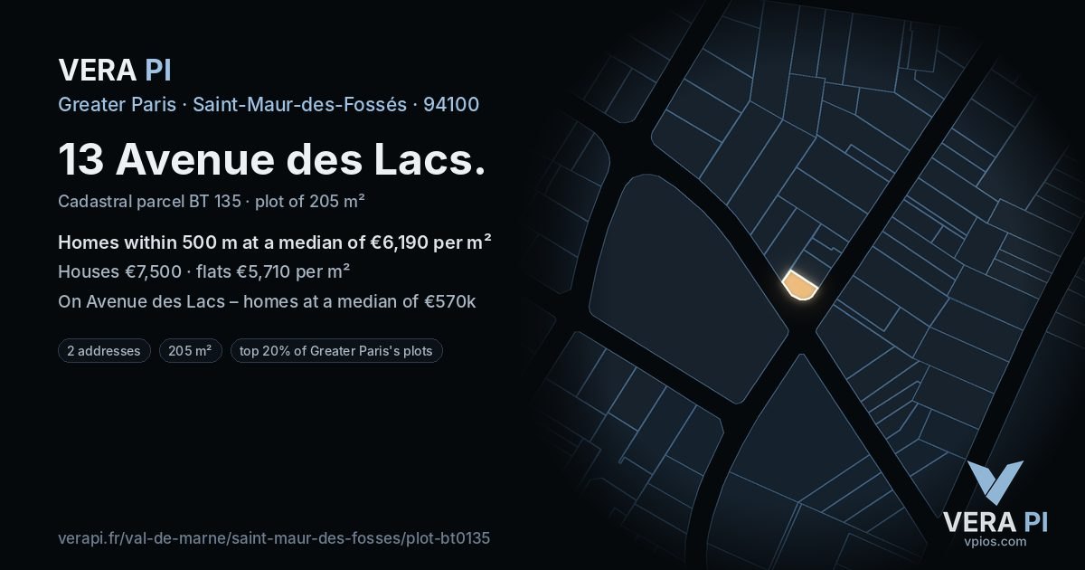 13 Avenue des Lacs, Saint-Maur-des-Fossés at night – the plot lit, the parcels around coloured by the prices near them