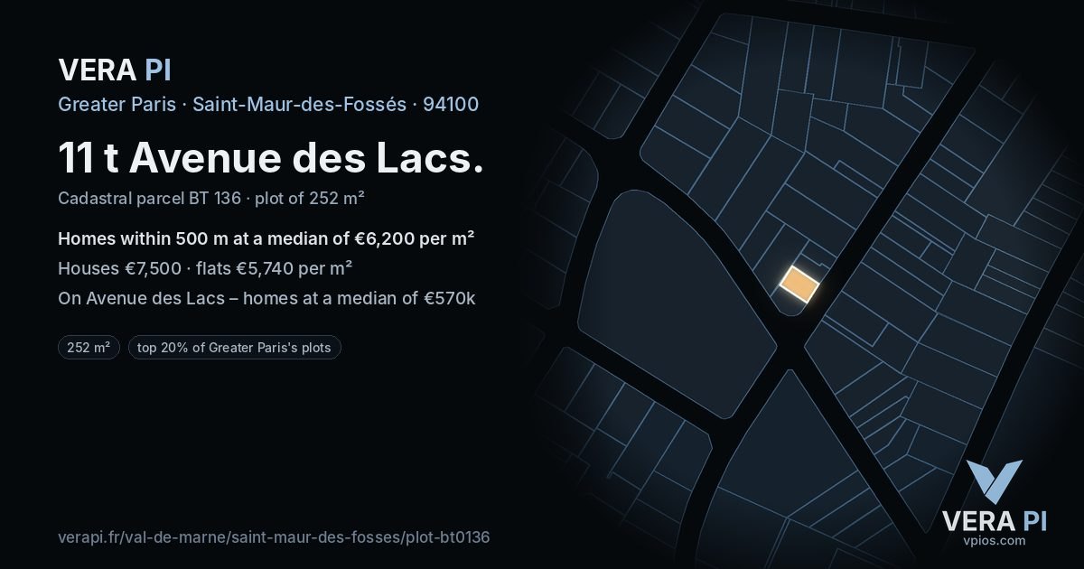 11 t Avenue des Lacs, Saint-Maur-des-Fossés at night – the plot lit, the parcels around coloured by the prices near them
