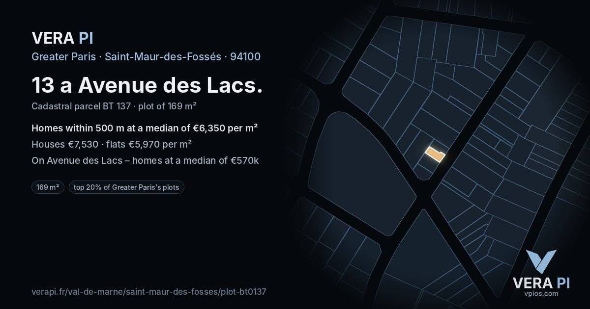 13 a Avenue des Lacs, Saint-Maur-des-Fossés at night – the plot lit, the parcels around coloured by the prices near them