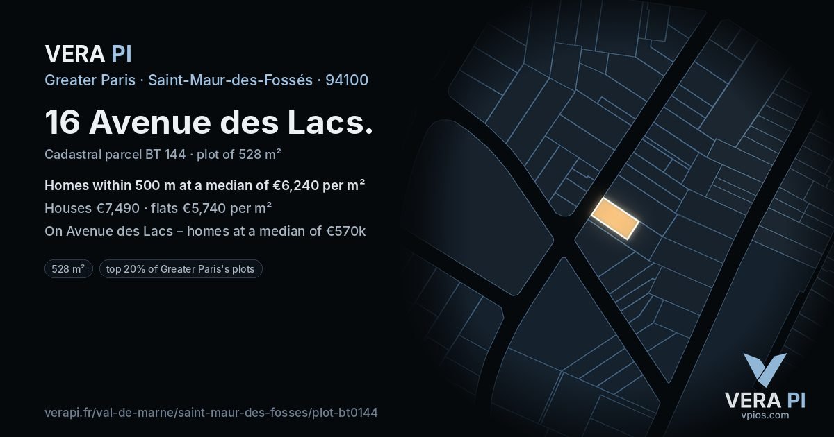 16 Avenue des Lacs, Saint-Maur-des-Fossés at night – the plot lit, the parcels around coloured by the prices near them