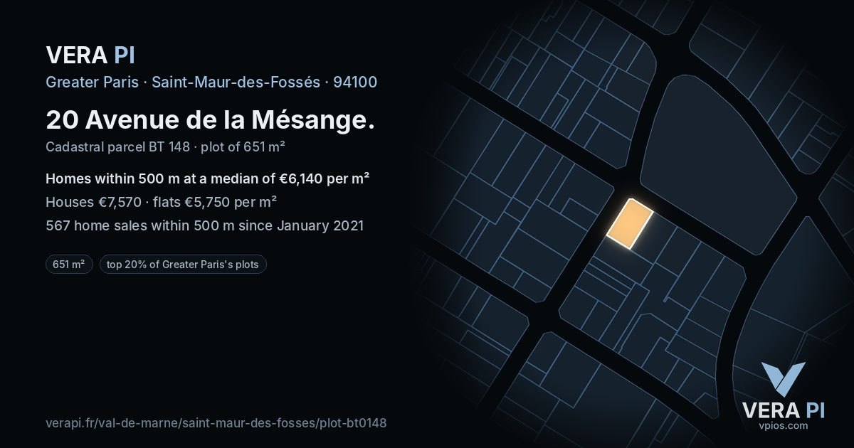 20 Avenue de la Mésange, Saint-Maur-des-Fossés at night – the plot lit, the parcels around coloured by the prices near them