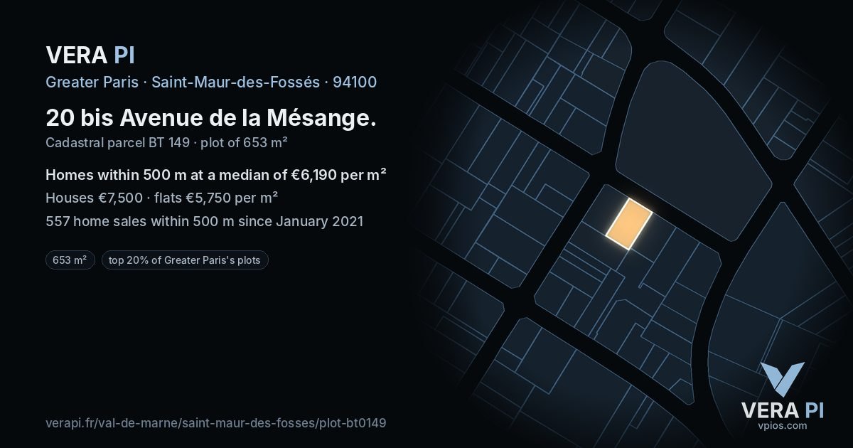 20 bis Avenue de la Mésange, Saint-Maur-des-Fossés at night – the plot lit, the parcels around coloured by the prices near them