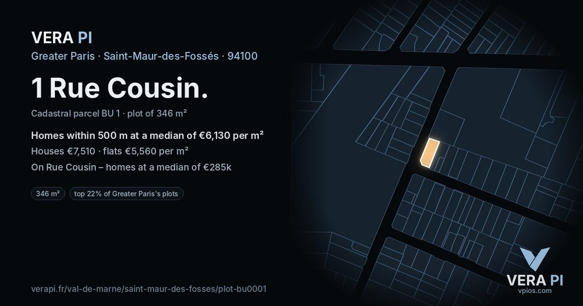 1 Rue Cousin, Saint-Maur-des-Fossés at night – the plot lit, the parcels around coloured by the prices near them
