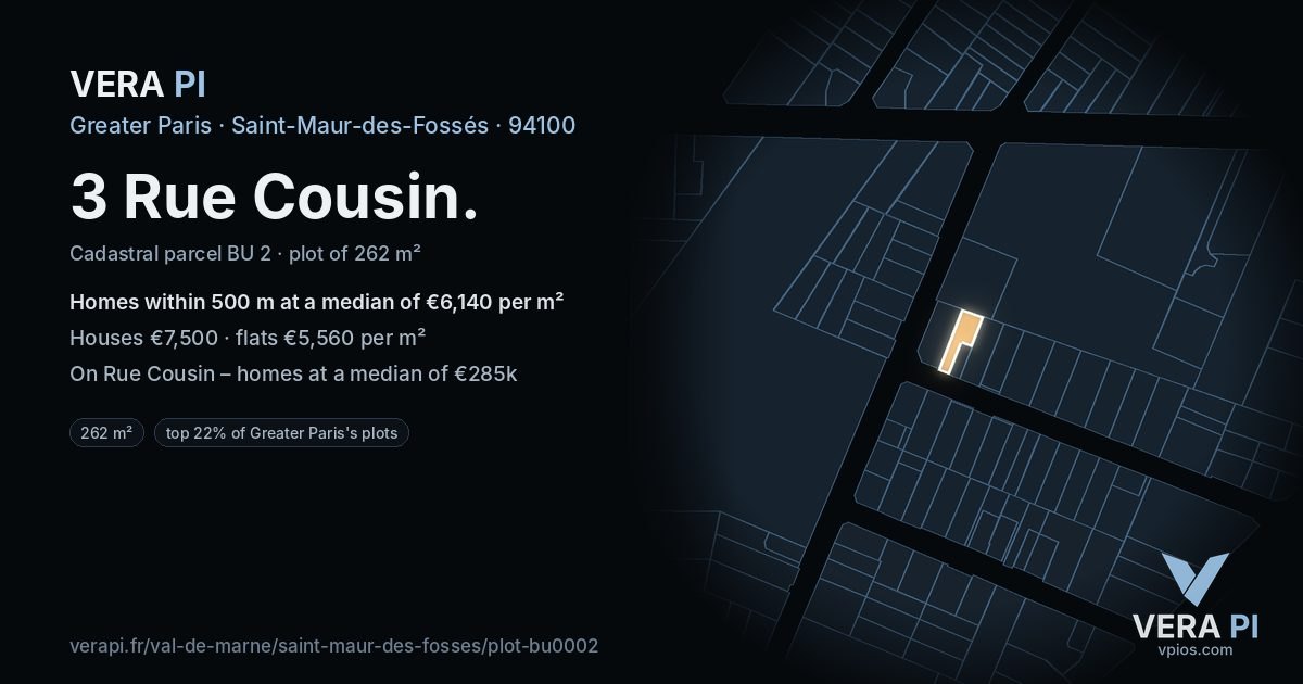 3 Rue Cousin, Saint-Maur-des-Fossés at night – the plot lit, the parcels around coloured by the prices near them