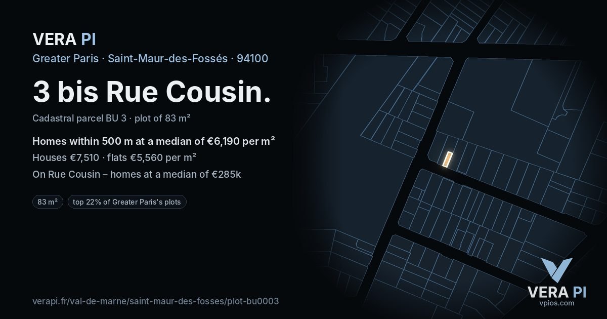 3 bis Rue Cousin, Saint-Maur-des-Fossés at night – the plot lit, the parcels around coloured by the prices near them