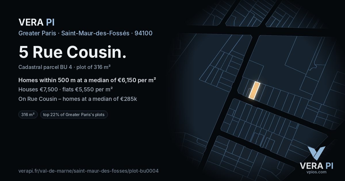 5 Rue Cousin, Saint-Maur-des-Fossés at night – the plot lit, the parcels around coloured by the prices near them
