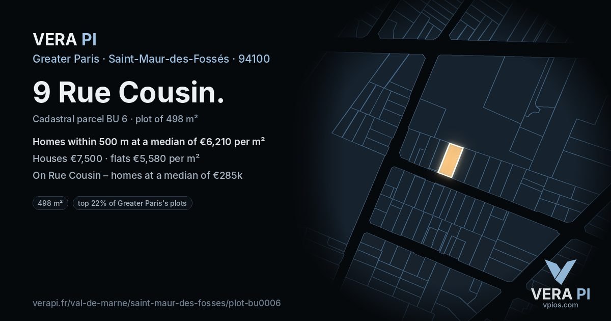 9 Rue Cousin, Saint-Maur-des-Fossés at night – the plot lit, the parcels around coloured by the prices near them