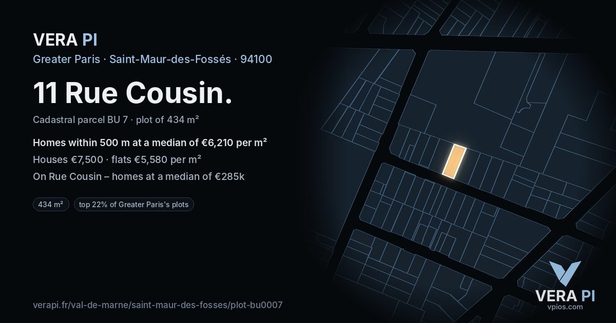 11 Rue Cousin, Saint-Maur-des-Fossés at night – the plot lit, the parcels around coloured by the prices near them