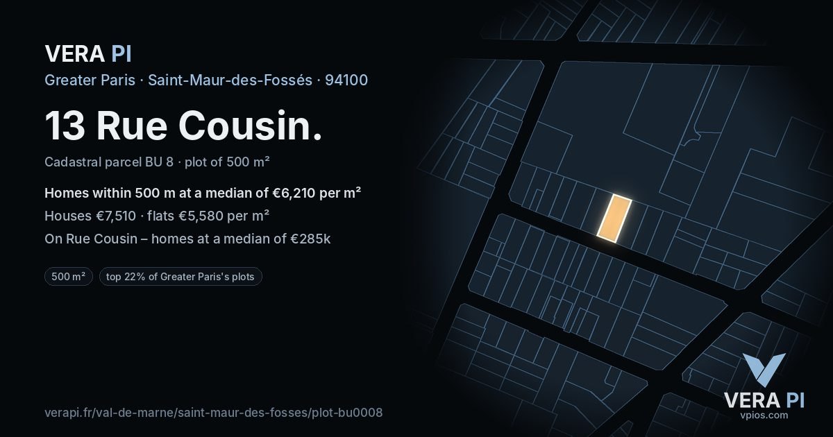 13 Rue Cousin, Saint-Maur-des-Fossés at night – the plot lit, the parcels around coloured by the prices near them