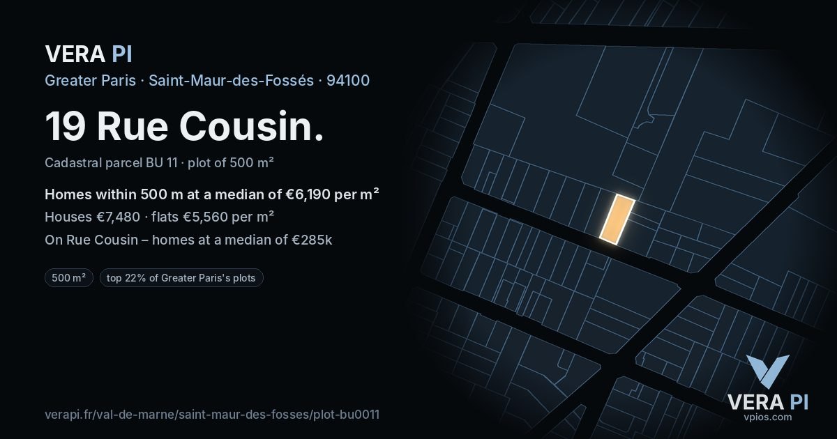 19 Rue Cousin, Saint-Maur-des-Fossés at night – the plot lit, the parcels around coloured by the prices near them