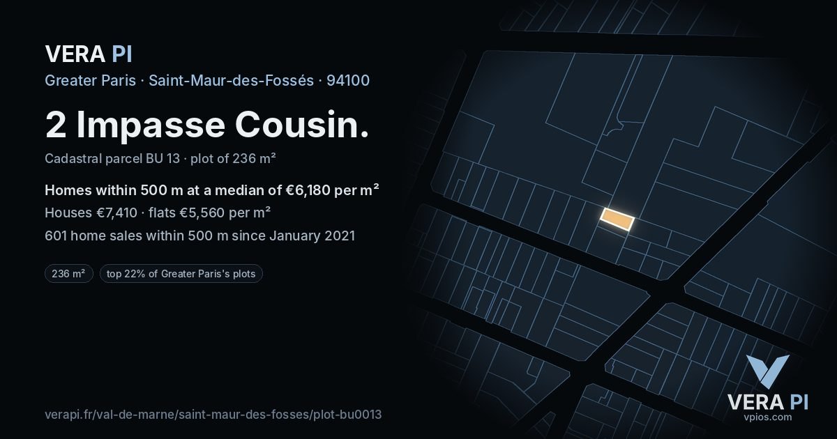 2 Impasse Cousin, Saint-Maur-des-Fossés at night – the plot lit, the parcels around coloured by the prices near them