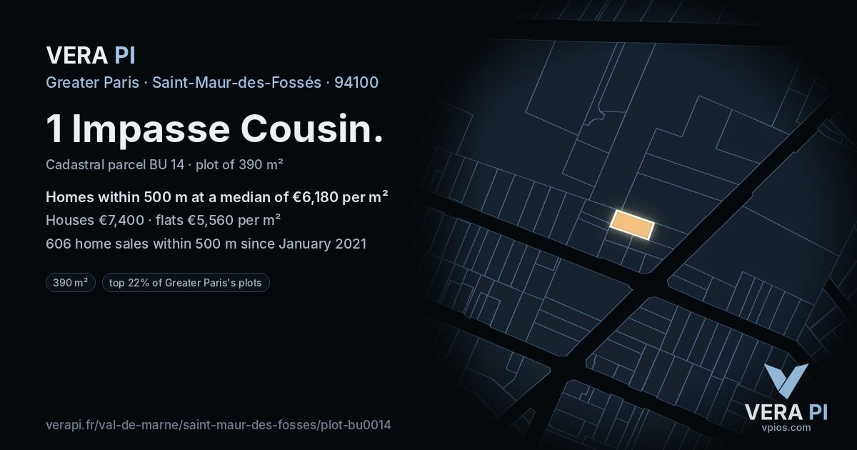 1 Impasse Cousin, Saint-Maur-des-Fossés at night – the plot lit, the parcels around coloured by the prices near them