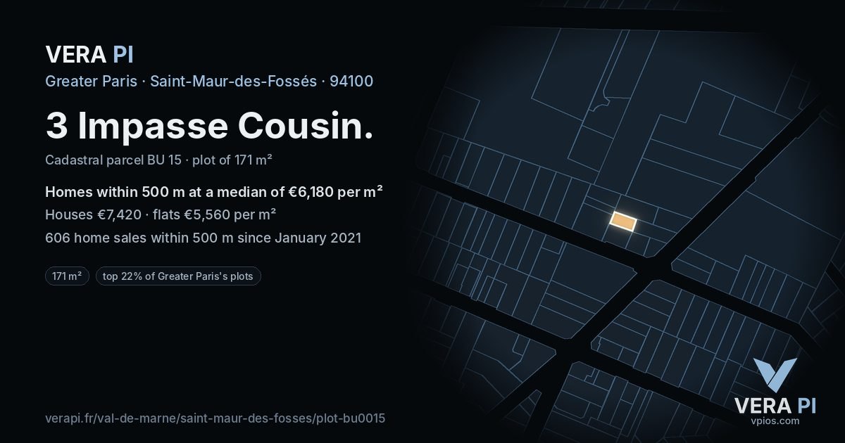 3 Impasse Cousin, Saint-Maur-des-Fossés at night – the plot lit, the parcels around coloured by the prices near them
